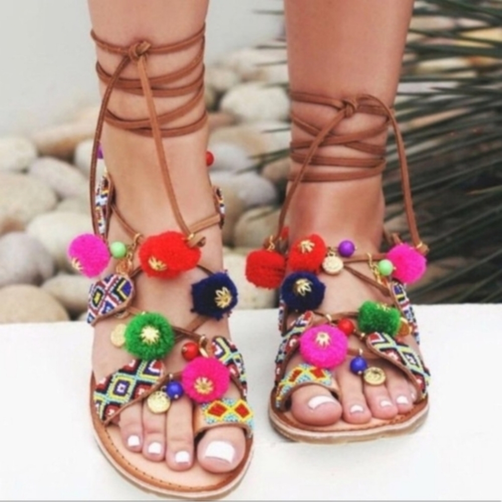 Chinese Laundry Womens Boho Leather Lace Up Beaded Pom Pom‎ Sandals Women’s 6